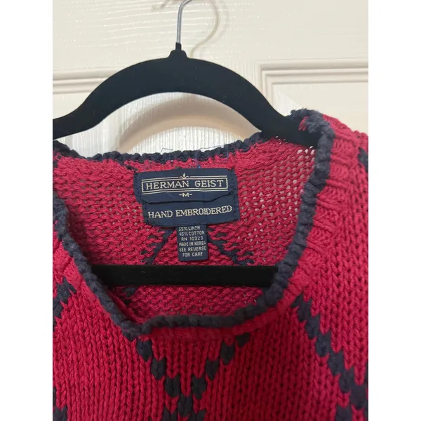 Herman Geist Vintage Hand Embroidered Grape Sweater Vest Red Navy‎ Linen Blend M - Image 4