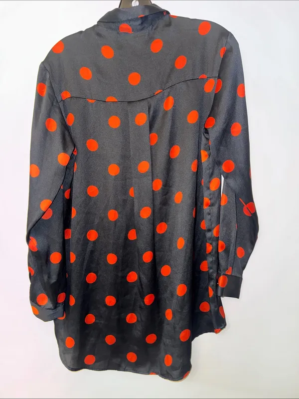 Zara Black Satin Button-Up Blouse with Red Polka Dots - Image 3