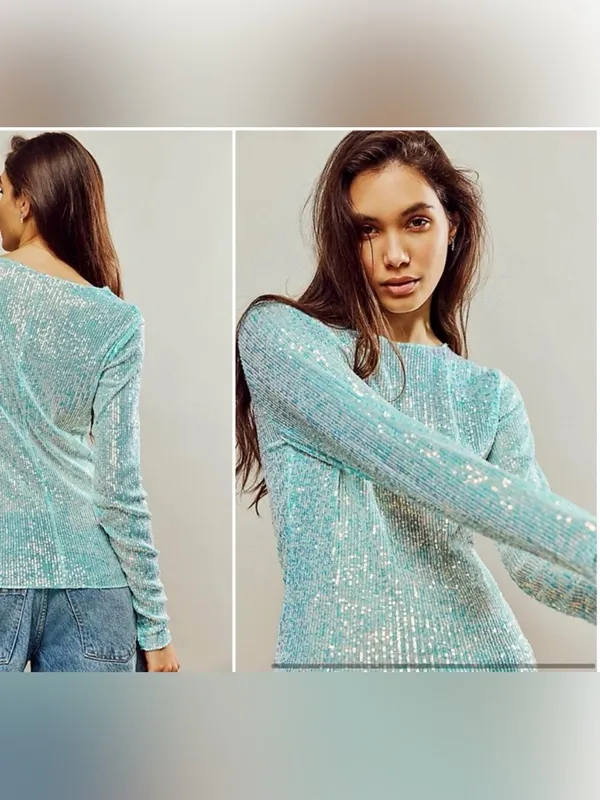 Free People Gold Rush long-sleeve iridescent sequin top in a light blue shade XL - Image 2