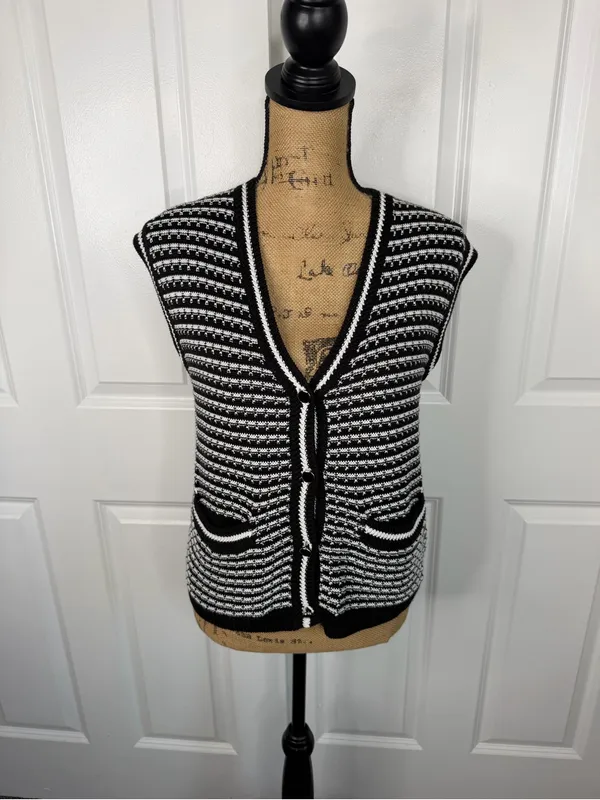 EVEREVE XS Black White Textured Knit Button Front Sweater Vest Cotton Modal - Image 2