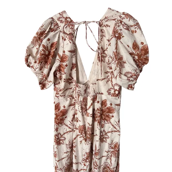 Abercrombie‎ & Fitch Floral Puff Sleeve Slim Poplin Midi Dress Cream Rust Medium - Image 5