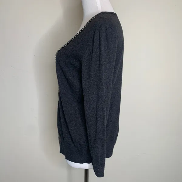 LOFT Gray Cardigan Rhinestone Trim Sz Medium - Image 3