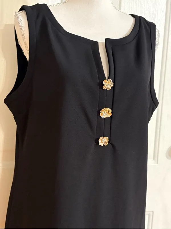 Karl Lagerfeld Black Sleeveless Shift Dress with Gold Floral Buttons - Image 2