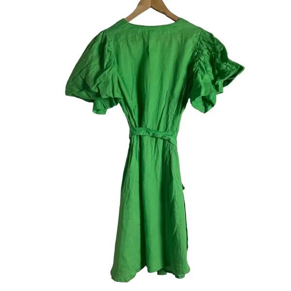 Nicholas Troy Green Linen Button Front Tie Waist Short Sleeve Dress Size 4 - Image 11