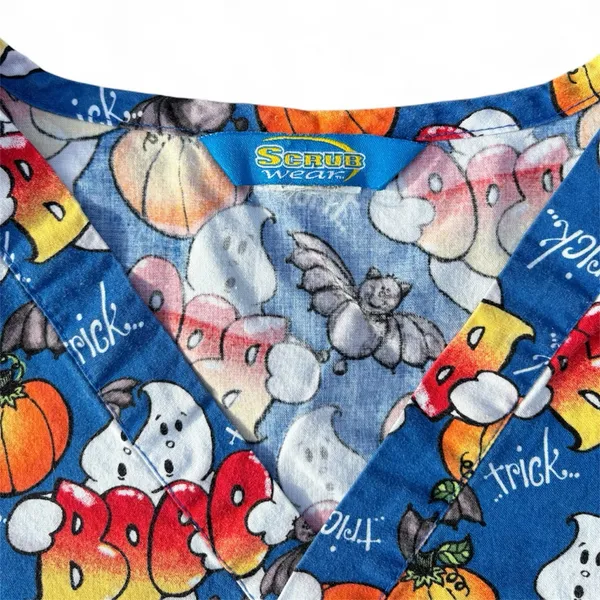 Scrub Wear Blue Pumpkin Ghost Trick or Treat Halloween Print Scrub Top Medium - Image 3