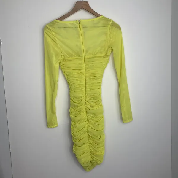 House of CB Valentina Yellow Long Sleeve Ruched Organza Mesh Mini Dress XS - Image 2