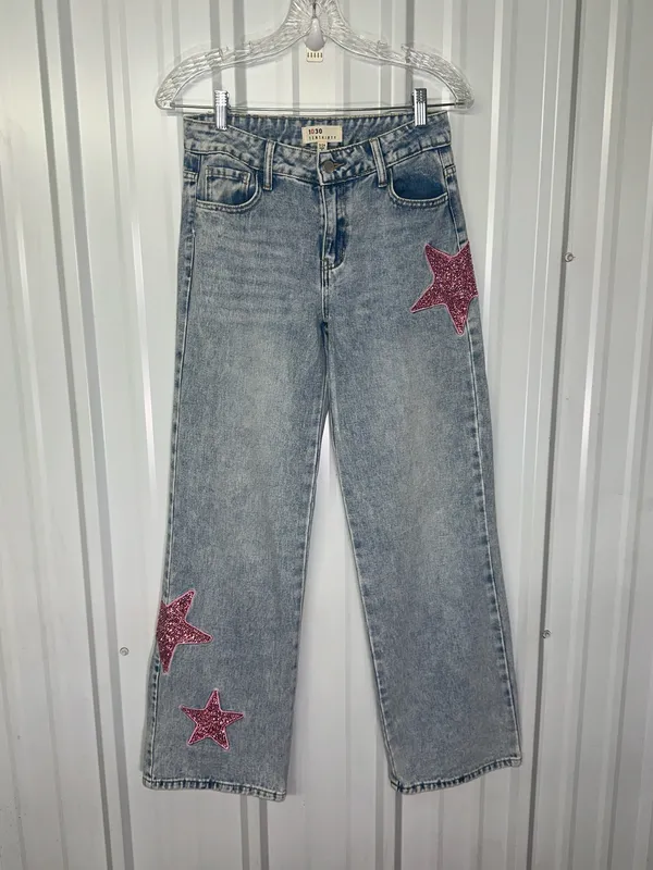Y2K Barbiecore Pink Rhinestone Star Wide Leg Jeans Bedazzled Festival Glam - Image 4