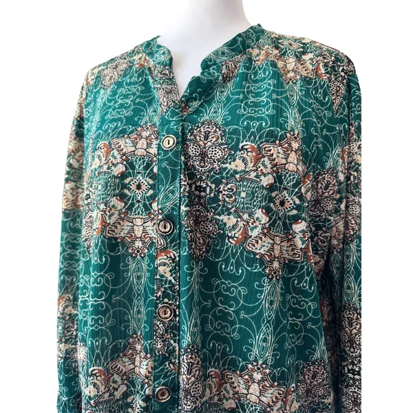 Green, Cream & Brown Long Sleeve Relaxed Fit Lightweight Button Front Blouse - Image 4