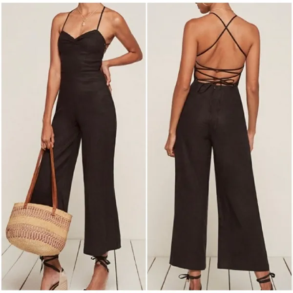 Reformation Oregano Jumpsuit Lace‎ Up Back Linen Black 2 - Image 2