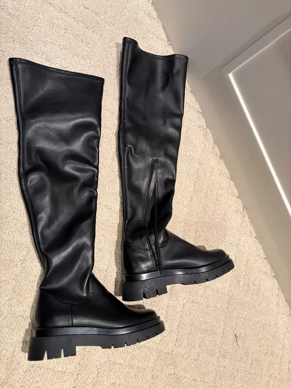 Black Over-the-Knee Square Toe Chunky Lug Sole Boots Size 6 - Image 4