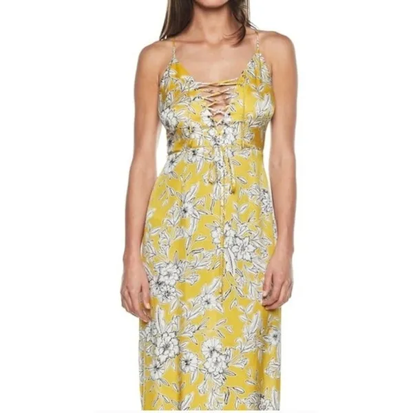 Bardot Floral Midi Dress Womens‎ 8/M Yellow Lace Up Boho Summer Tropical V-Neck - Image 3