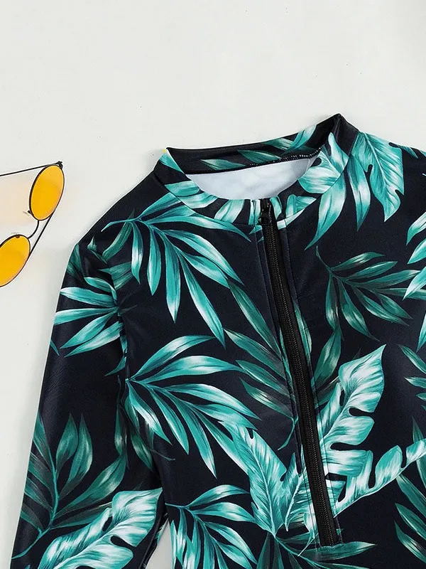 SHEIN Black One-Piece Rash Guard Swimsuit with Green Tropical Leaf Print - Image 5