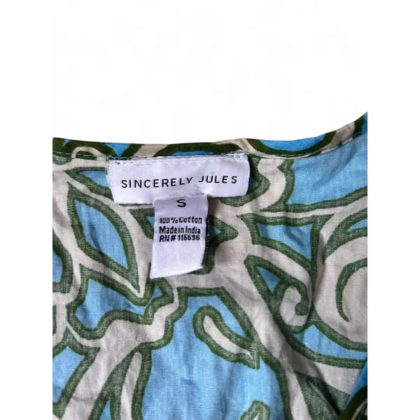 Tropical Floral Puff Sleeve Mini Dress Coastal Resort Cotton Blue Green Small - Image 3