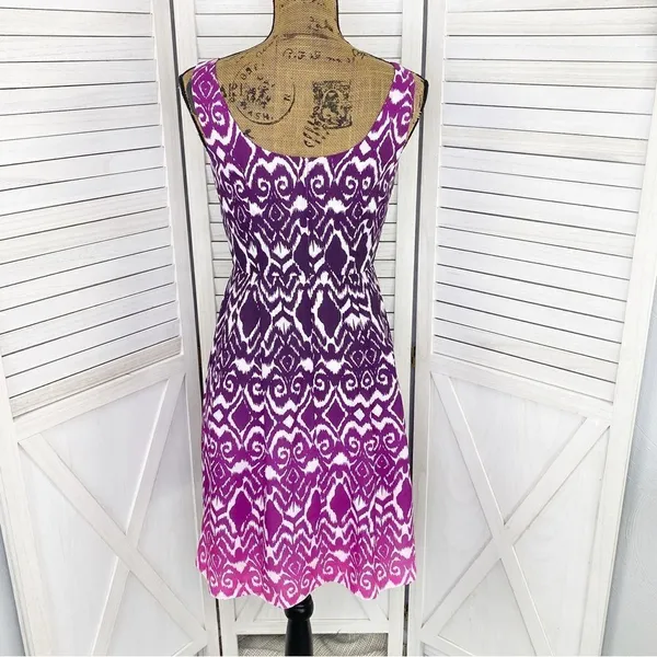 Ann Taylor Ombre Ikat Tribal‎ Print Fit Flare Dress Pink Purple 0 Sleeveless - Image 5