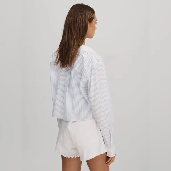 Good American Cotton Poplin Cropped Shirt‎ in Blue Stripe XS - Image 7