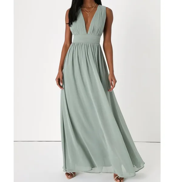 Lulus NWOT Heavenly Hues Sage Green Brush Woven Chiffon V-Neck Maxi Dress Large - Image 3