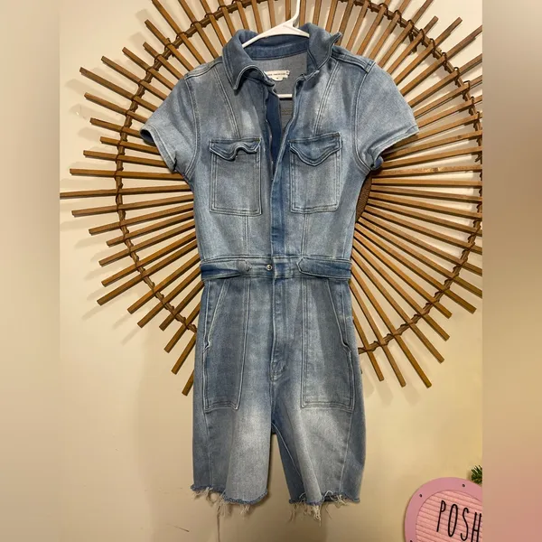 Good American Denim Short Sleeve Jumpsuit Shorts Romper Utility Stretchy Minimal - Image 6