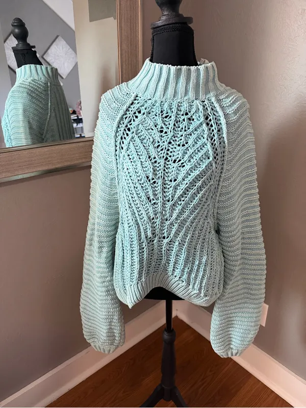 Free People Sweetheart Sweater Blue Chunky Knit Ribbed Mock Neck Medium - Image 2