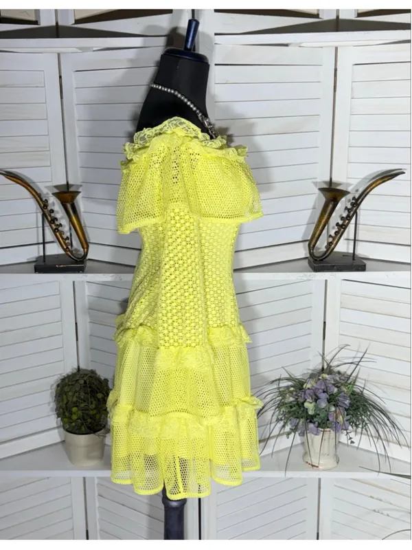 Simplee Apparel Retro rare neon mini dress mesh lace off shoulder cosplay pollypocket dollcore S - Image 3