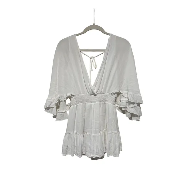 White V-Neck Ruffle Sleeve Smocked Waist Blouse - Image 2