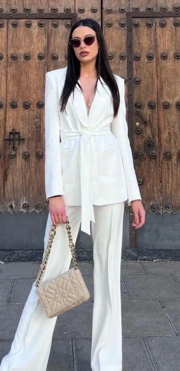 ZARA Tuxedo Blazer With Waist Tie Suit Jacket White - Image 8