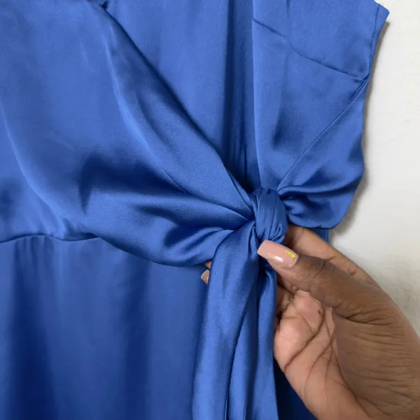 Anthropologie Chelsea28 Women Dress XL Blue Satin‎ Faux Wrap Midi Party Cocktail - Image 5