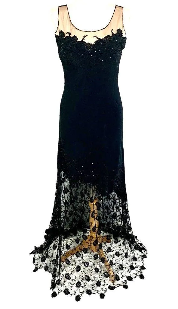 Jovani Sheer Illusion Lace Evening Gown Black Beaded Maxi 8 Formal Prom Black Tie - Image 2