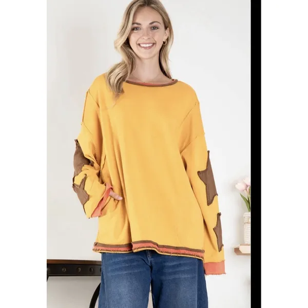 BlueVelvet Oversized‎ Star Patched Top in Mustard Large Top Shirt Tunic - Image 8