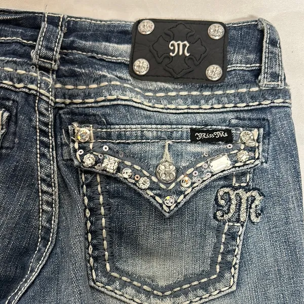Miss Me Blue Cropped Jeans with Rhinestone Embellishments - Image 3