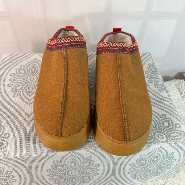 Brown Faux Suede Aztec Embroidered Faux Fur Lined Slip On Platform Clogs Size 41 - Image 5