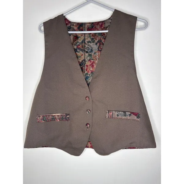 Vintage 90s Darlyn Tapestry Vest & Skirt Suit Set Woven Floral Made in USA Sz 4 - Image 2