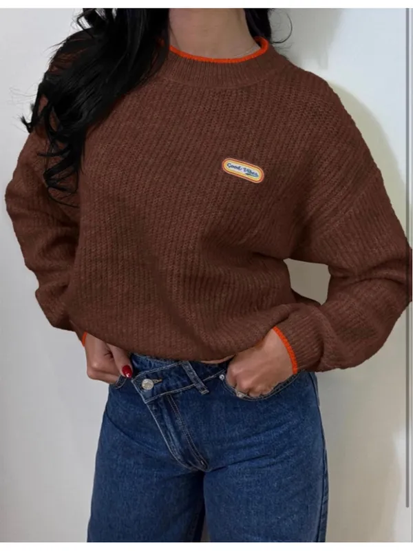 NEW Crew Neck Long Sleeve Knit Contrast Piping Strip Pullover Sweater S - Image 6
