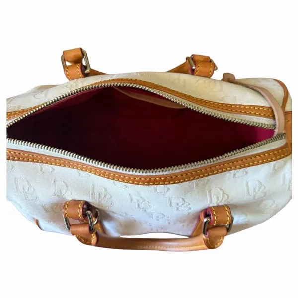 Vintage Dooney & Bourke White Monogram Canvas Barrel Satchel Bag Leather Trim - Image 12