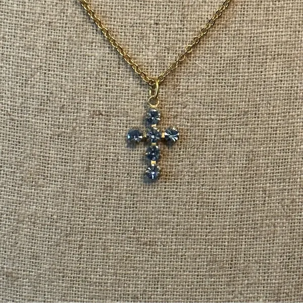 Vintage blue rhinestone cross pendant necklace - Image 3