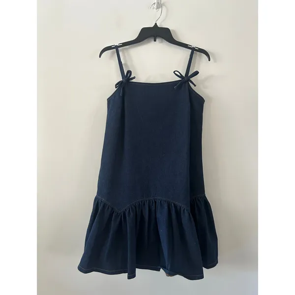 Avec Les Filles Denim Bow Shoulder Ruffle-Hem Baby Doll Mini Dress Size S - Image 3