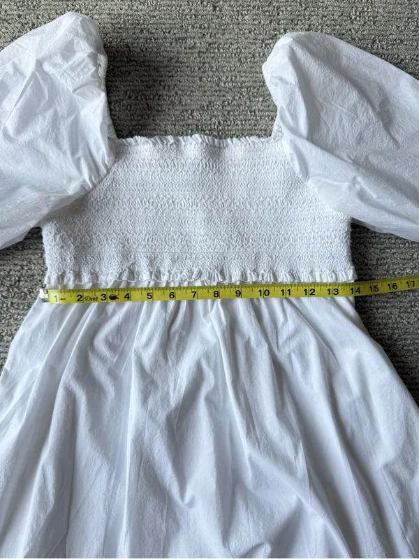 American Eagle Outfitters White Cotton Mini Puff Sleeve Smocked Ruffle Dress‎ S - Image 6