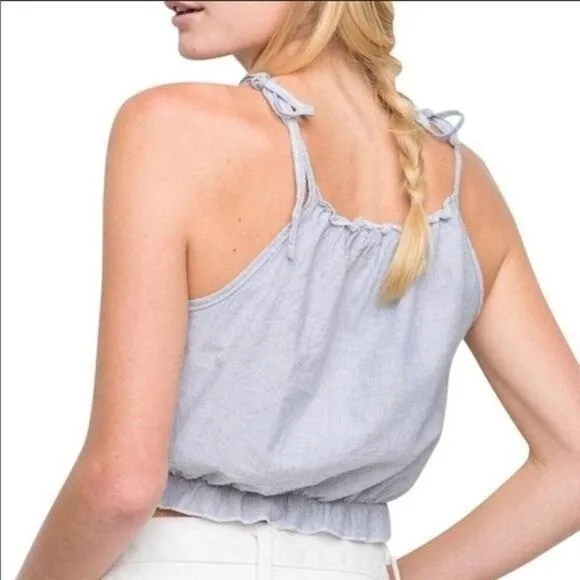 Brandy‎ Melville Blue White Pinstripe Ruffle Tie Strap Crop Top One Size - Image 3