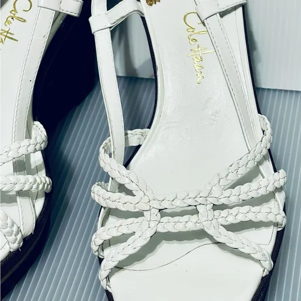 COLE HAAN SZ 8 White patent leather woven Wedge Sandals Slingback Cork Gold - Image 3