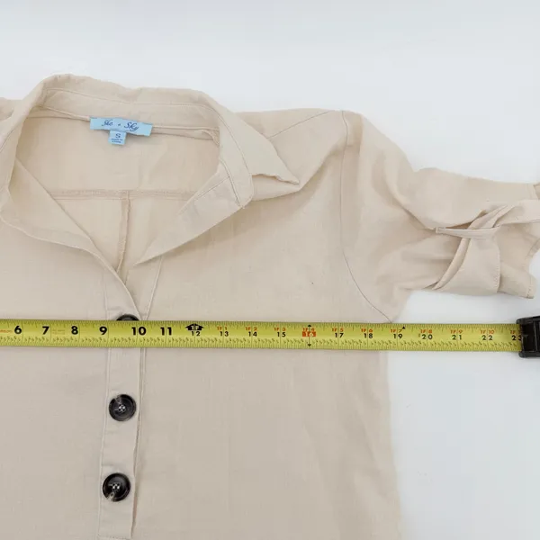 She + Sky Beige Linen Blend Tie Sleeve Button Front Mini Shirt Dress SL9512 S - Image 5