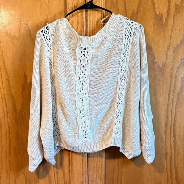 Miss Me Crochet Lace Sweater Large Beige White Boho Knit Pullover Great fall top - Image 2