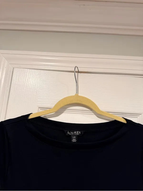 NWOT LRL Ralph Lauren Size L Black Top Cuffed Short Sleeve Stretch Classic Logo - Image 2