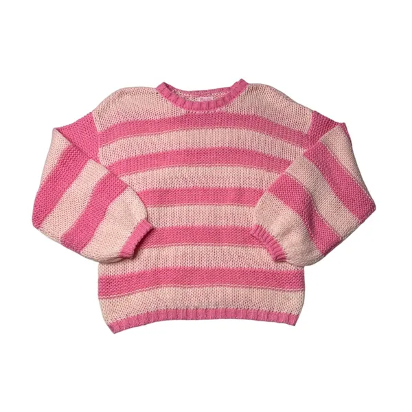 Pink Lily Pink Peach Striped Oversized Sweater Medium Balloon Sleeve Preppy - Image 2
