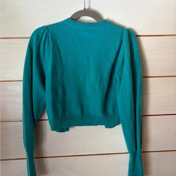 Free People Teal Puff-Sleeve Cropped Cardigan - Image 2