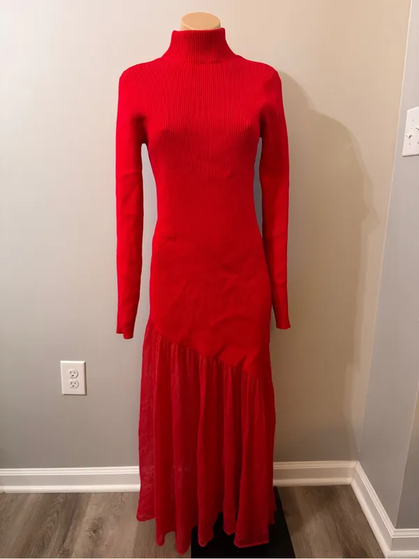 Commense Red Maxi Sweater Dress Ribbed Large Turtleneck Sheer Hem Evening - Image 2