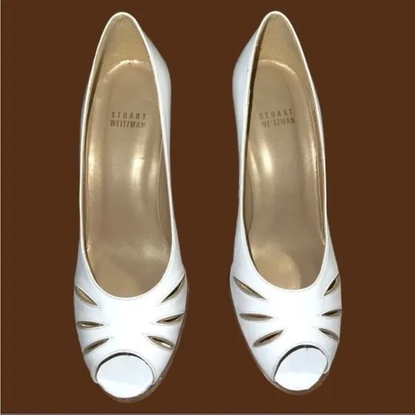 Stuart Weitzman luxury brand white leather heels with peekaboo design! - Image 5