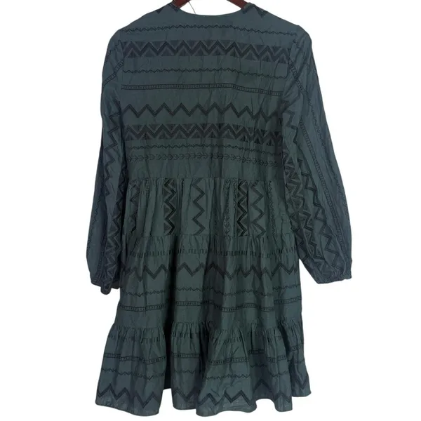 Zara Boho Oversized Embroidered Long Sleeve Mini Dress Tassel V Neck XS Green - Image 6