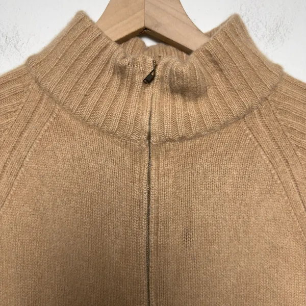 Nordstrom Women 100% Cashmere Zip Up Sweater XS Tan Ribbed Mock Neck Luxury - Image 2