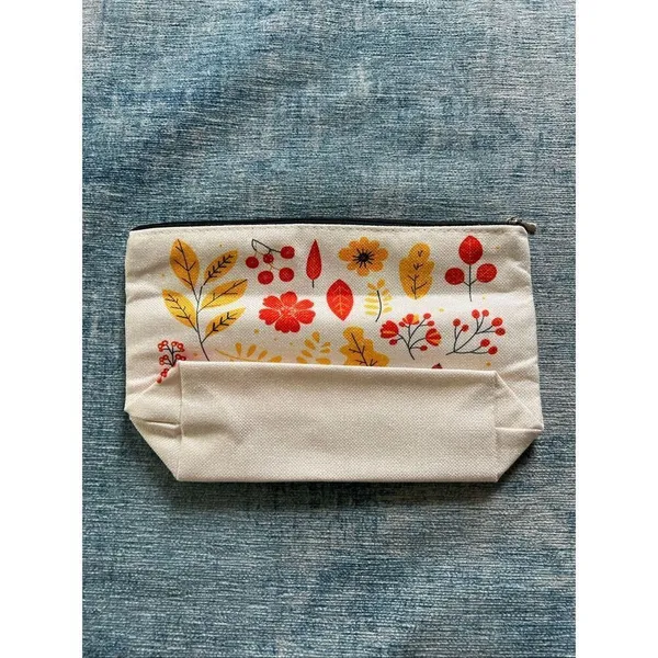 Cream Red Orange Leaf Cotton Canvas Small Makeup Bag Travel Toiletry Pouch - Image 2