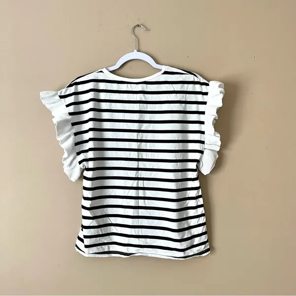 ZARA | Black White Striped Ruffle Sleeve Boxy Tee Sz M - Image 5