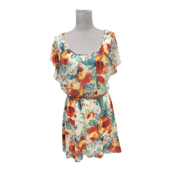 AUW FLoral Chiffon Blouson Dress Large Braided Narrow Belt - Image 2